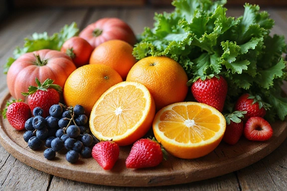 A variety of colorful fresh fruits and vegetables arranged artfully on a wooden table.